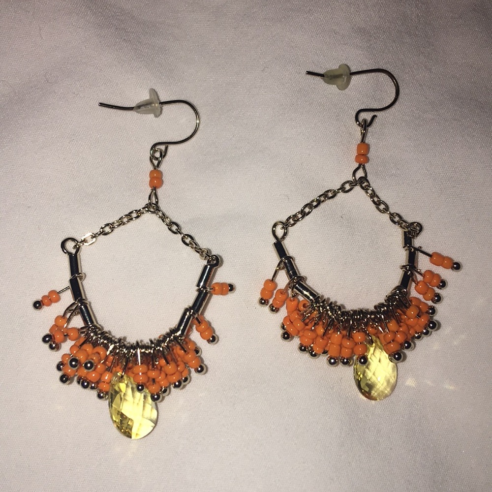 Hoop Dangle Orange Beaded Fringe Earrings